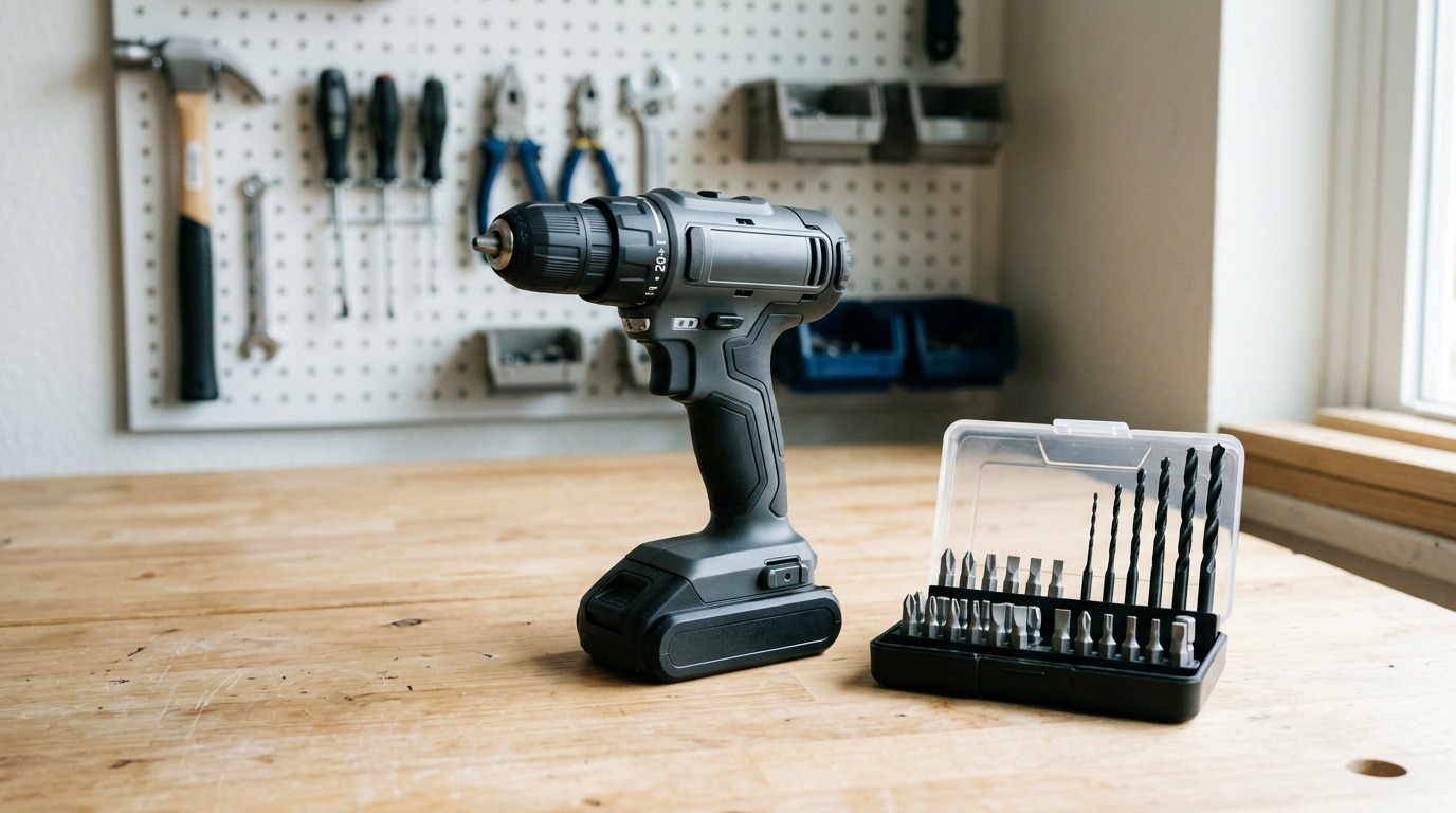 An unbranded cordless drill and bit set on a wooden workbench.