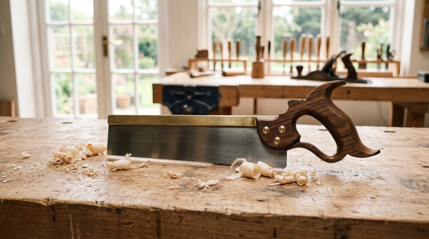 An unbranded hand saw resting on a wooden workbench.