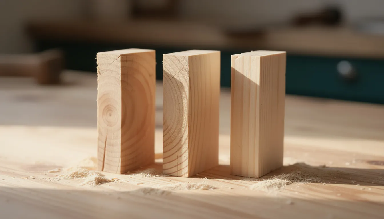 Three small offcuts of pine standing on end side by side on a workbench, one taller than the others