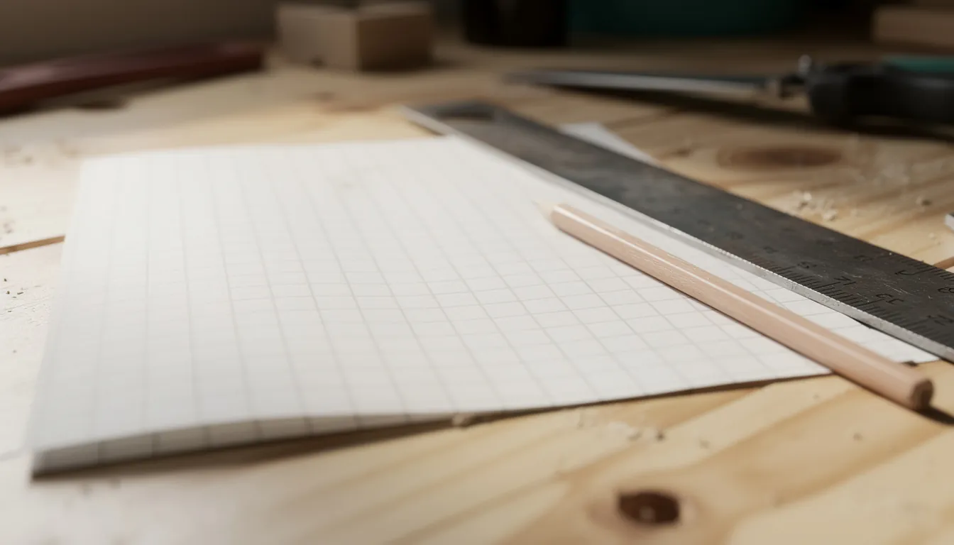 A folded sheet of blank grid paper weighted flat on a workbench by a steel rule and a pencil