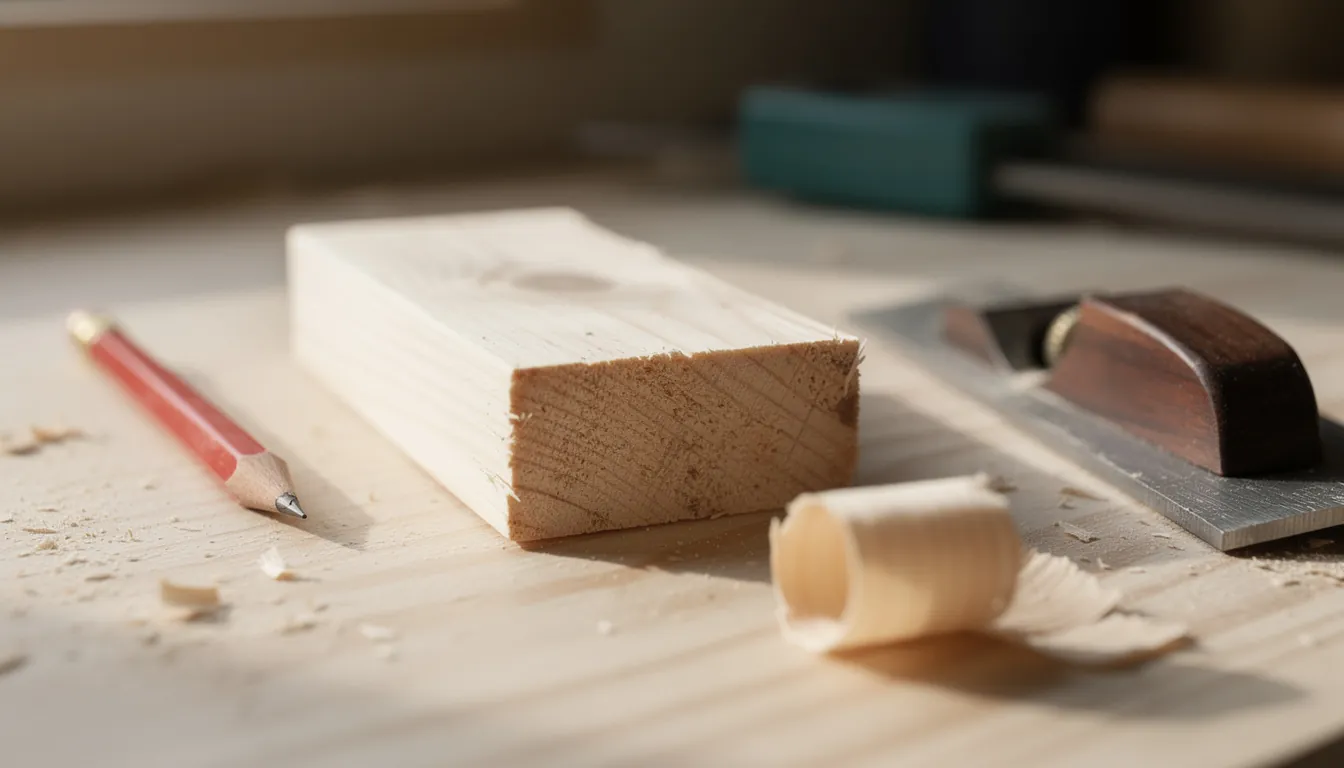 A part-finished pine project on a workbench beside a pencil, a try square and a curl of shavings