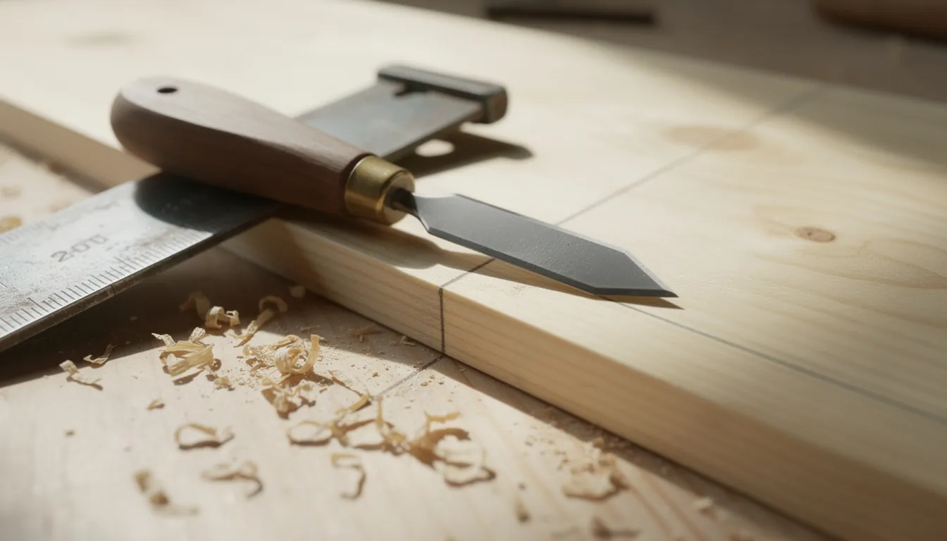 A combination square and marking knife resting on a pine board beside a pencil line and fine sawdust