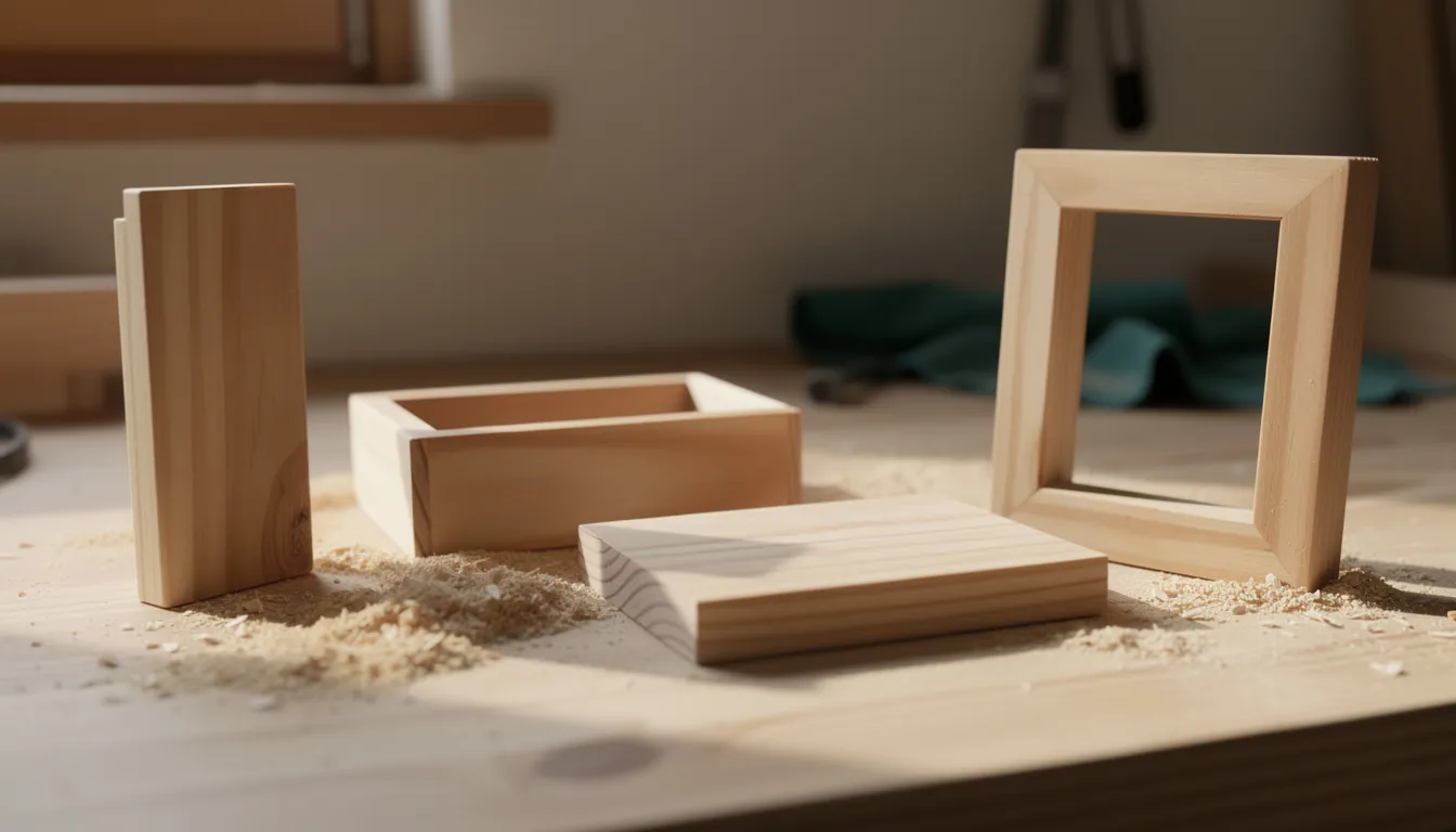A part-built pine box, a try square and a carpenter's pencil on a workbench in warm window light