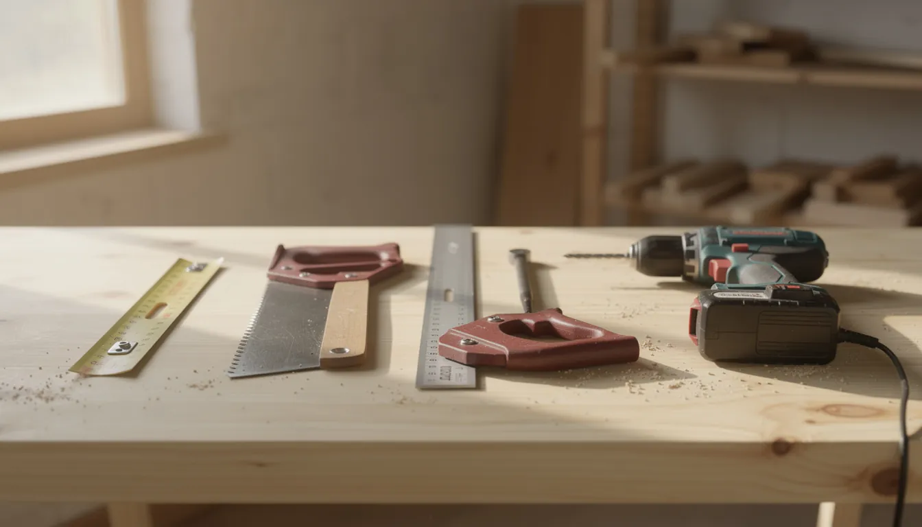 A tape measure, combination square, hand saw and cordless drill laid out on a pale pine workbench