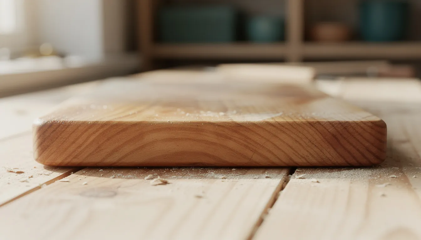 An edge-glued hardwood cutting board made from alternating light and dark strips, resting on a kitchen bench.