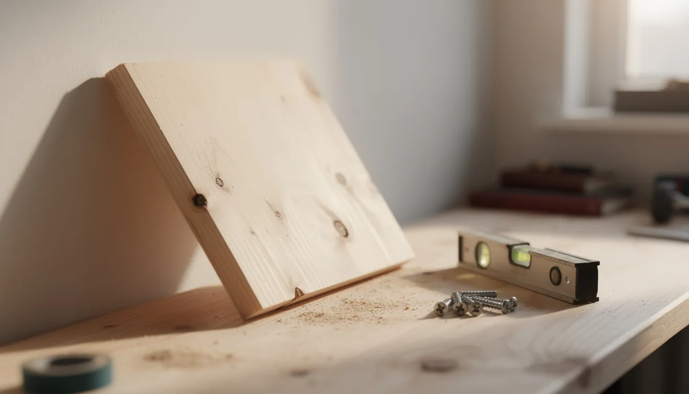 A plain wooden shelf mounted on a wall with no visible brackets, holding a few books