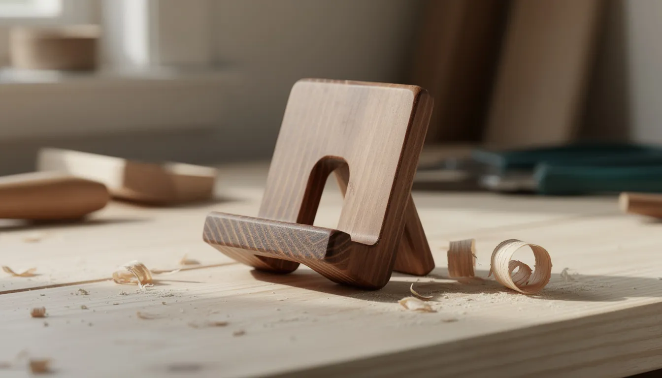 A small pine phone stand on a desk, holding a phone tilted back at a viewing angle.