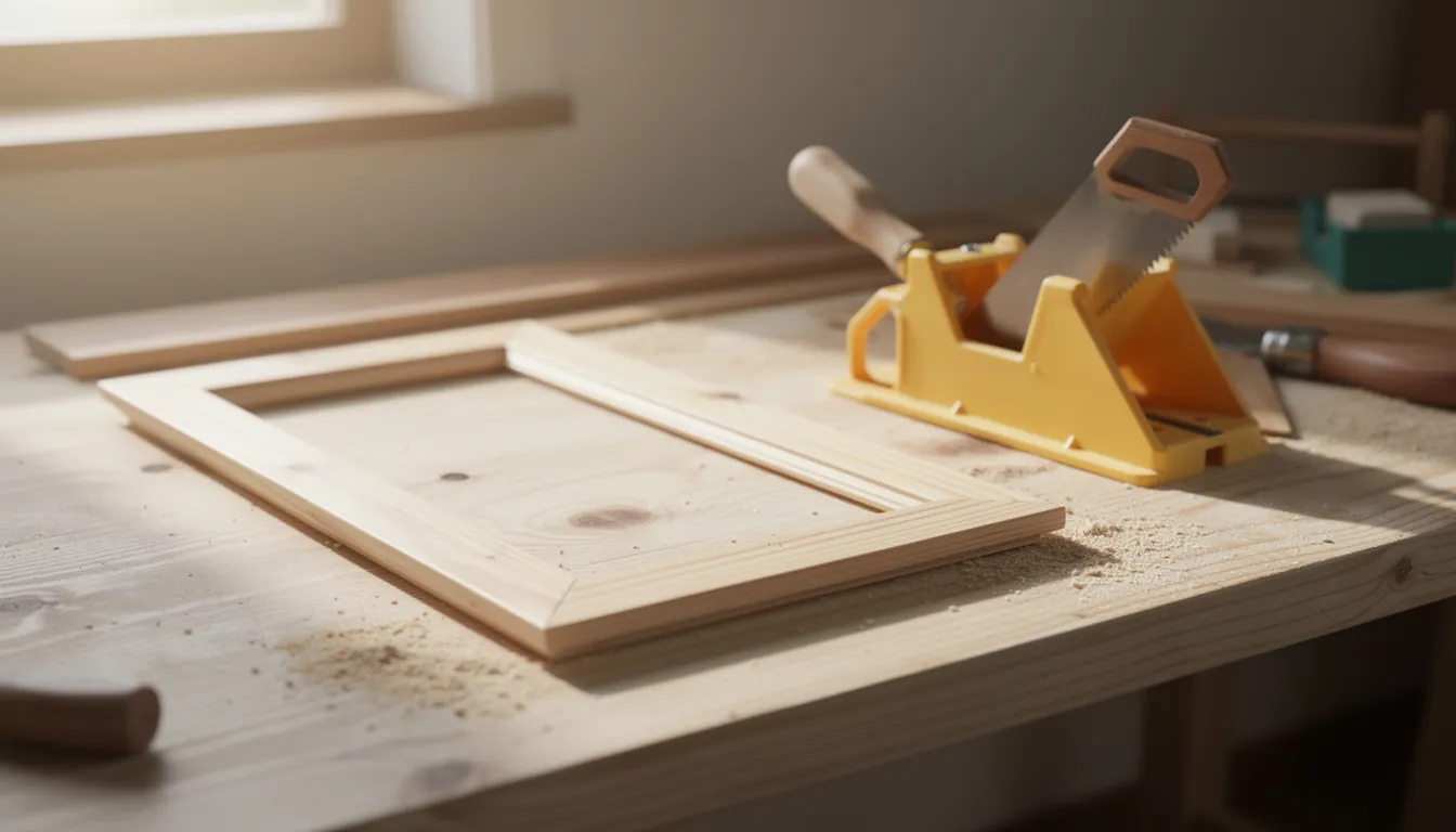 A wooden picture frame face down on a bench with masking tape holding the mitred corners closed while the glue sets.
