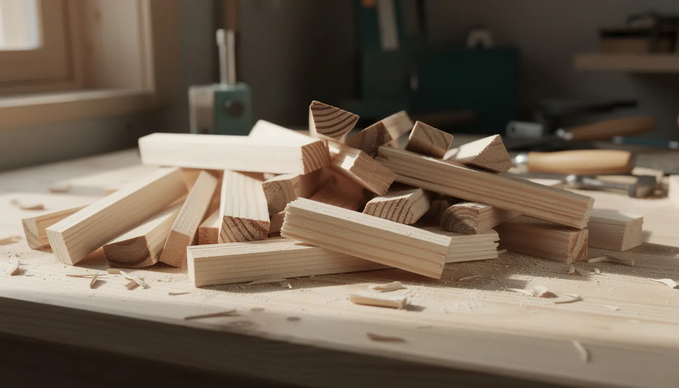 A bench covered in short wooden offcuts alongside finished coasters, a doorstop and a small tray
