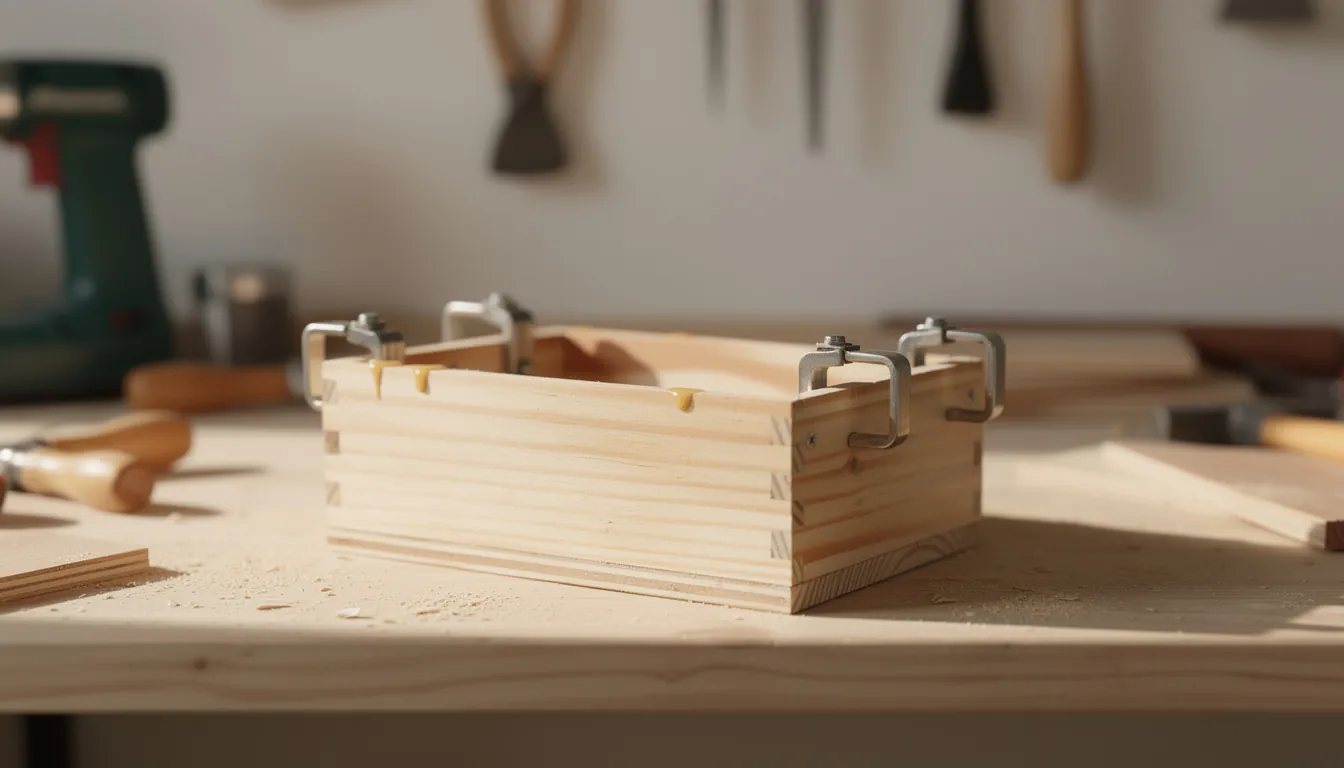 An open pine box with glued butt-jointed corners sitting on a workbench beside two bar clamps.