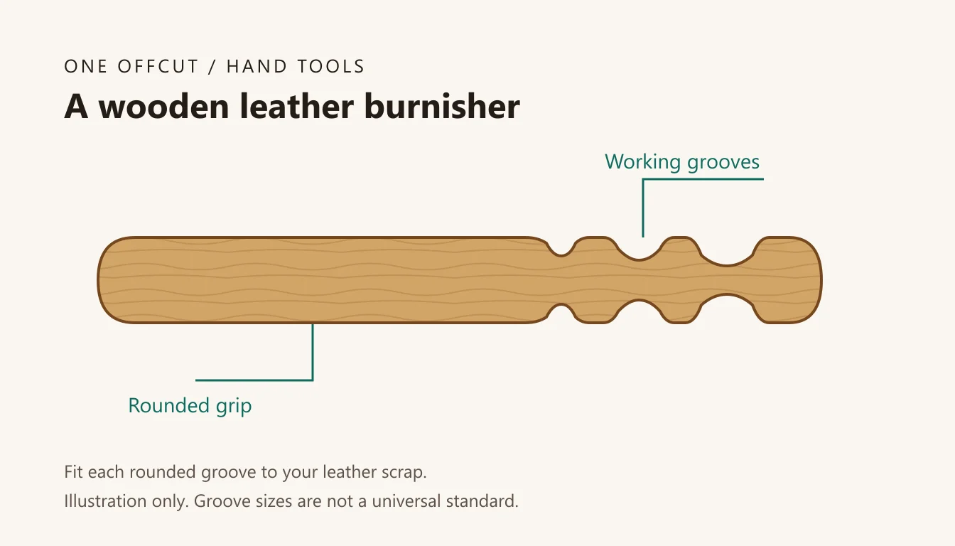 Original illustration of a wooden hand burnisher with a long rounded grip and three graduated grooves near one end.
