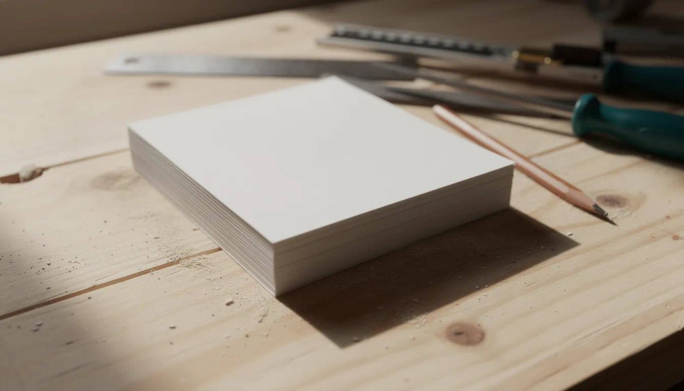 A printed project roadmap and a cut-list worksheet on a workbench beside a carpenter's pencil and a folding rule
