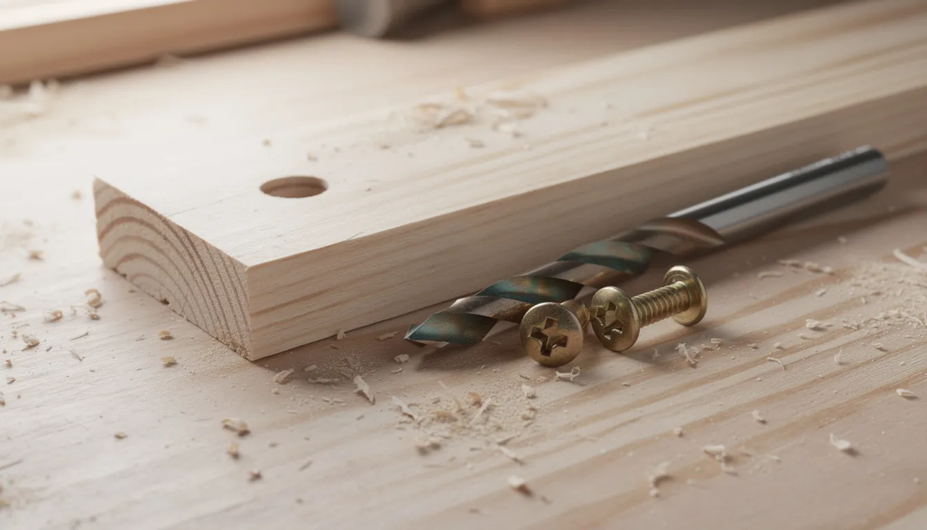 A cordless drill boring a pilot hole in a clamped board, with a scrap block acting as a squareness guide