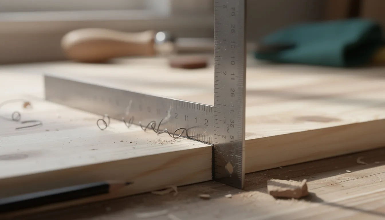 A hand holding a combination square tight against a board edge while marking a line with a sharp pencil