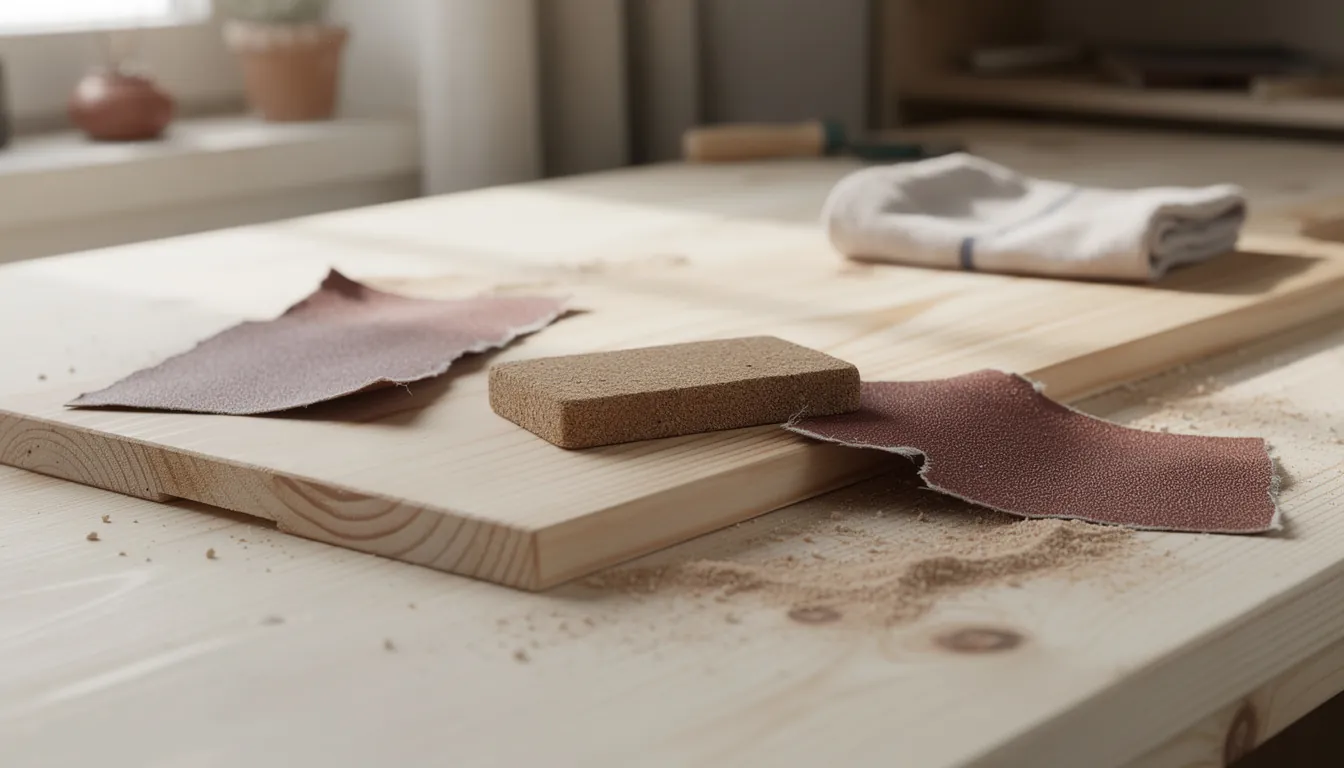 A sanding block and sheets of sandpaper beside a part-finished pine board with a cloth and a tin of wipe-on finish