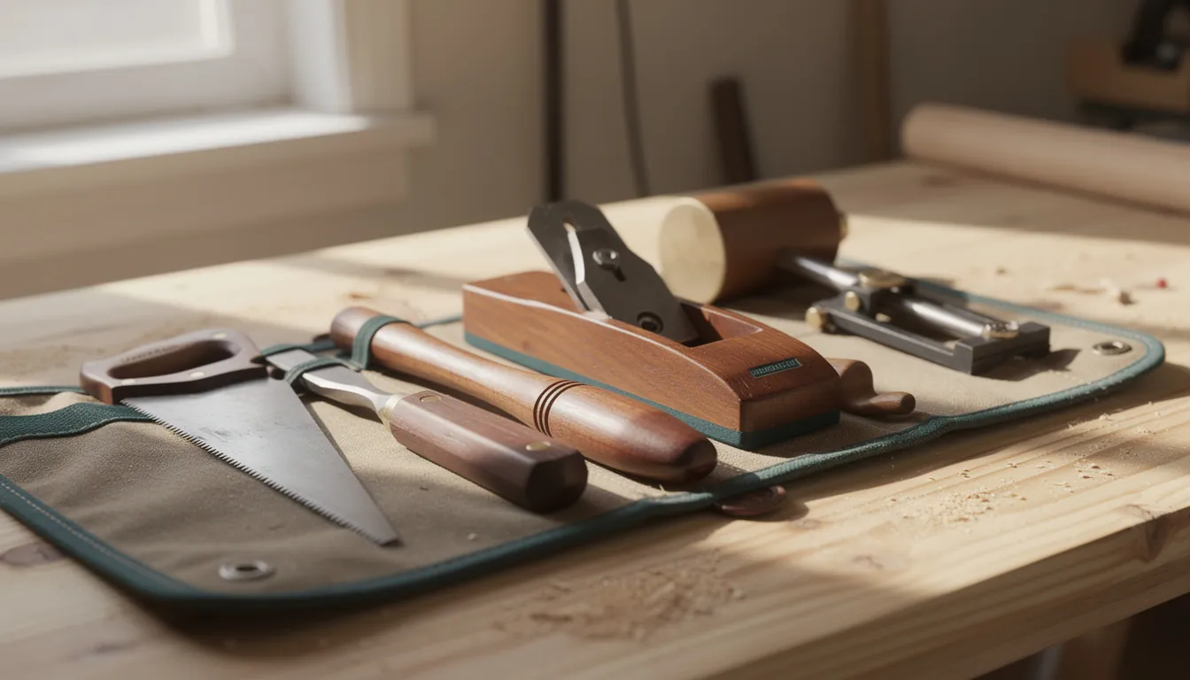 A tape measure, combination square, hand saw, mitre box and two bar clamps laid out on a bench