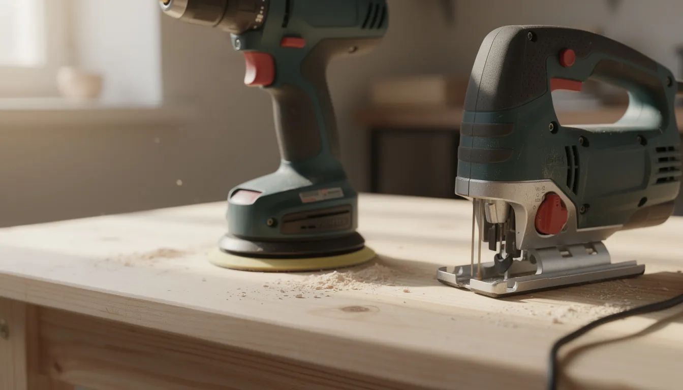 A cordless drill/driver, a random-orbit sander and a jigsaw on a workbench beside safety glasses and ear defenders