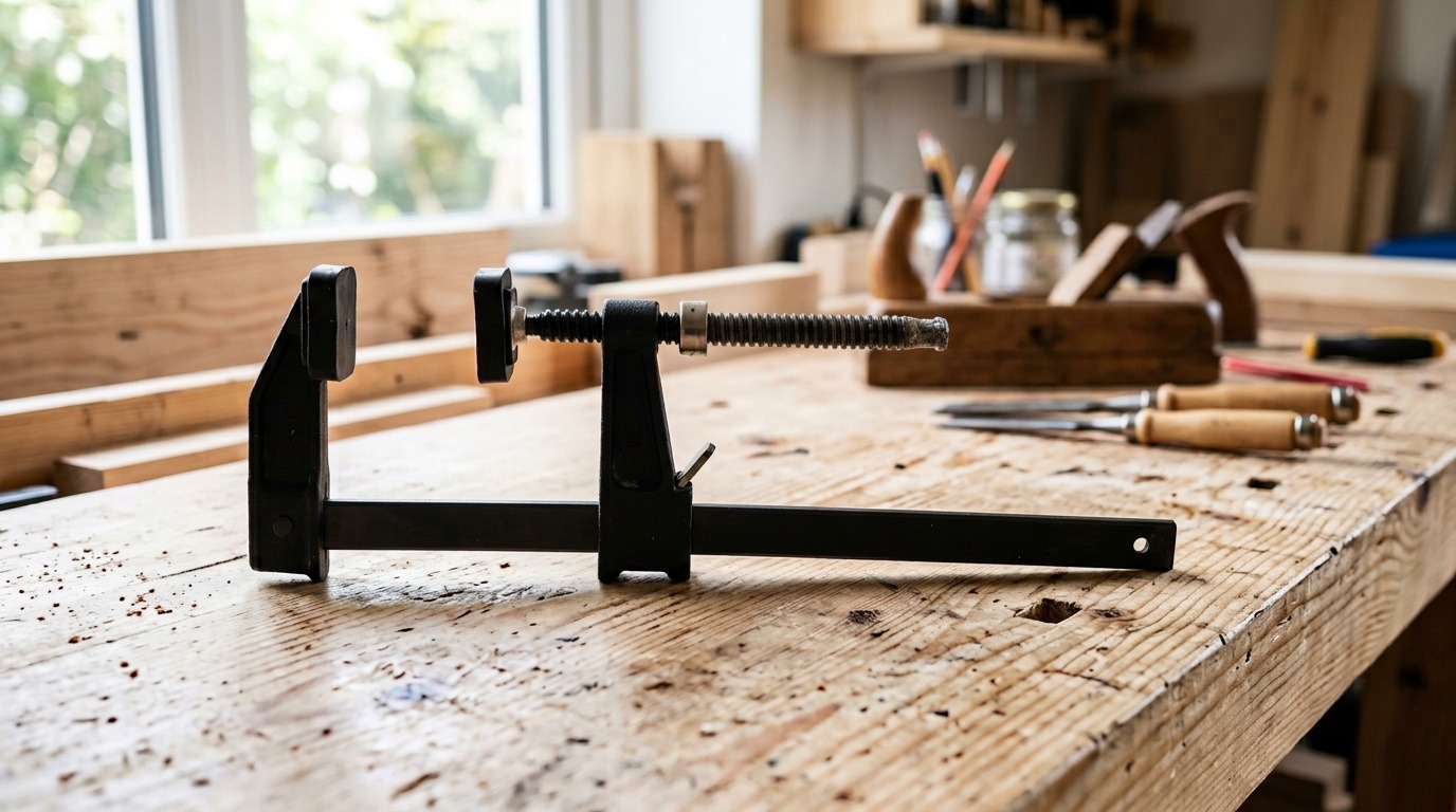 An unbranded bar clamp resting on a wooden workbench.