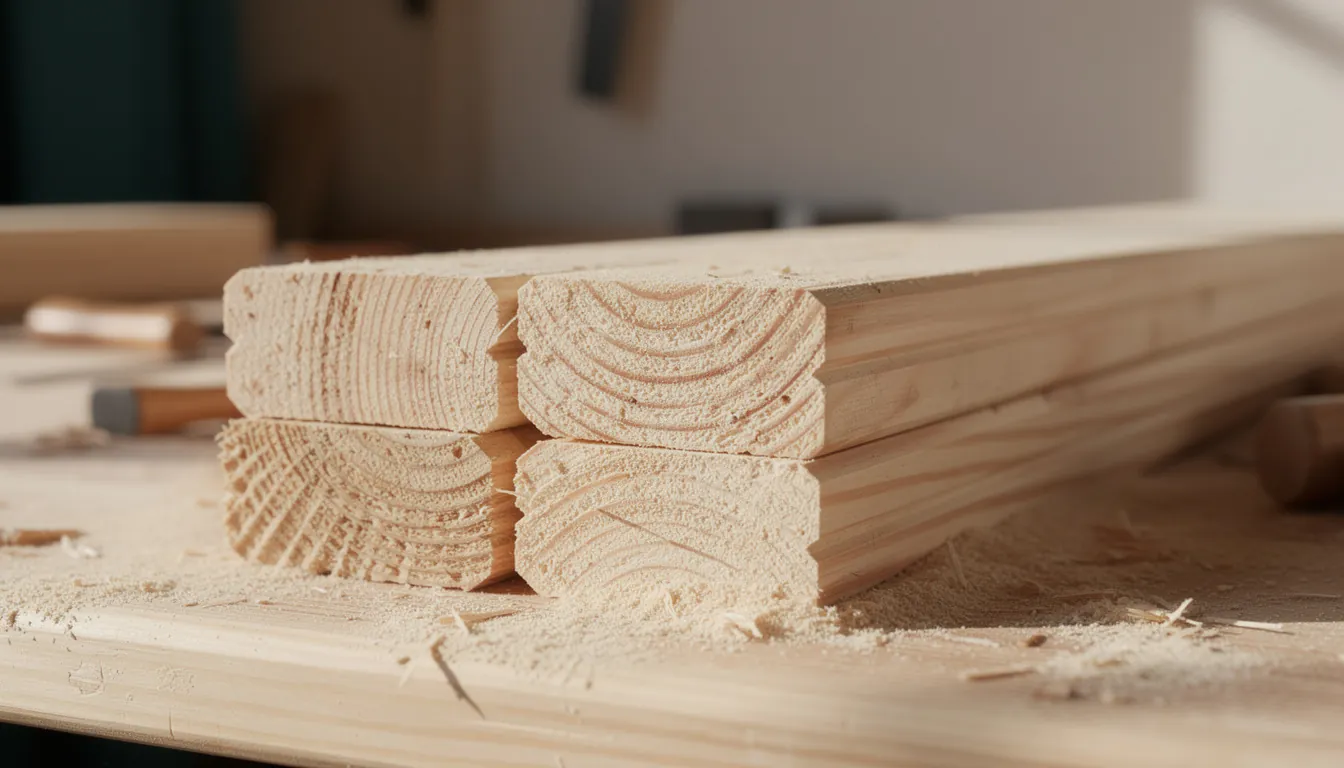 The cut ends of four pine and plywood boards stacked and photographed close, showing end grain and plies