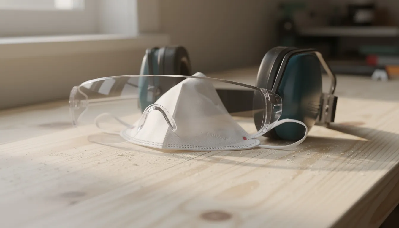Clear safety glasses, over-ear defenders and a folded dust mask resting together on a clean workbench